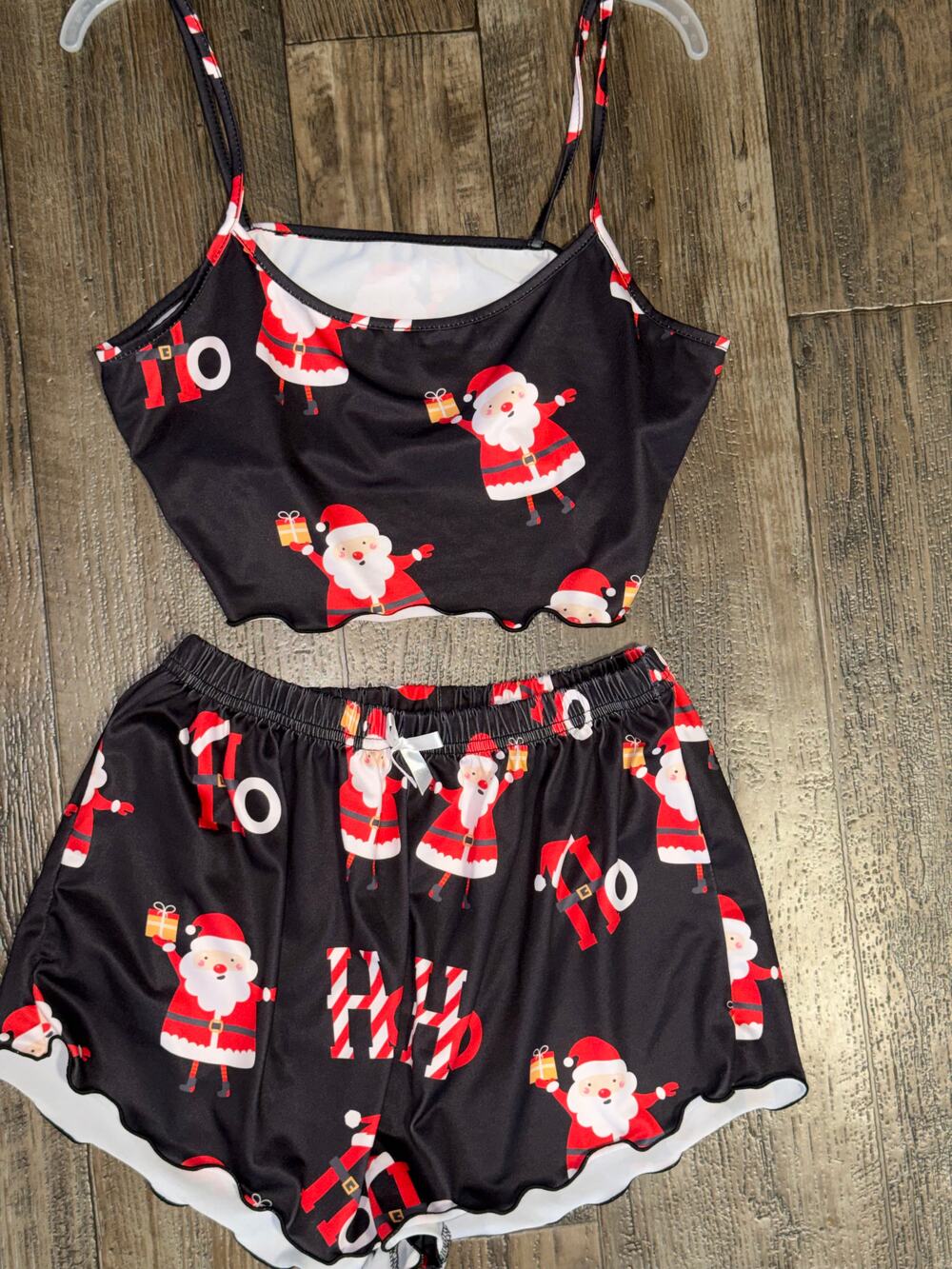 Black Santa Print Pajama Set Spaghetti Strap Camisole Top Elastic Waist Shorts